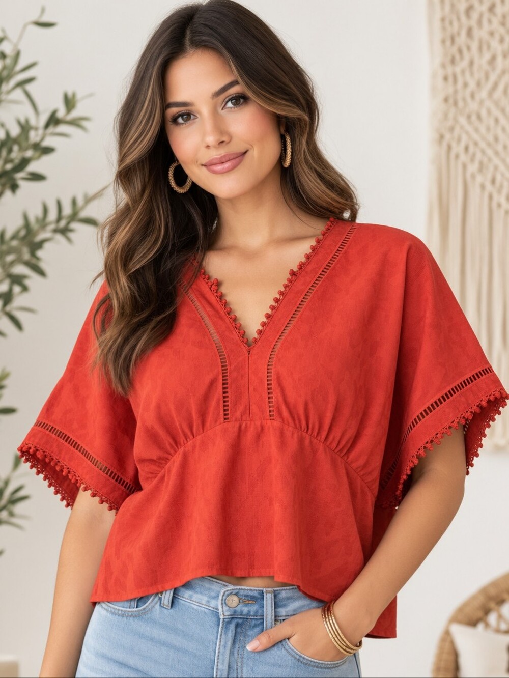 Women's Orange Boho Crochet-Trim Top